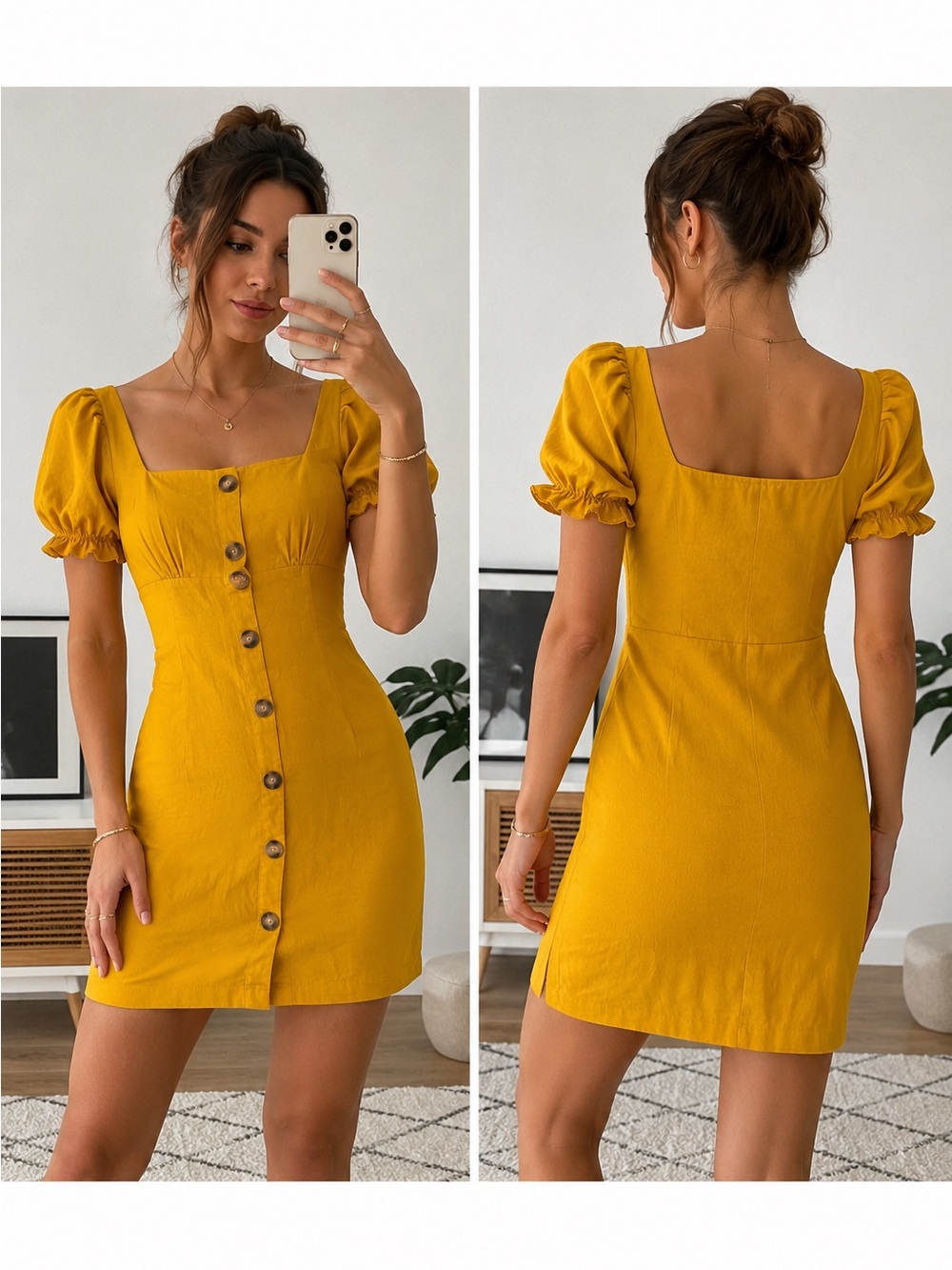 SHEIN Mustard Yellow Puff-Sleeve Button-Front Mini Dress